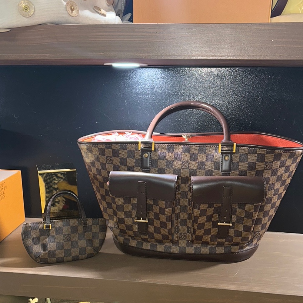 Louis Vuitton Brown Checkered Tote with coin bag